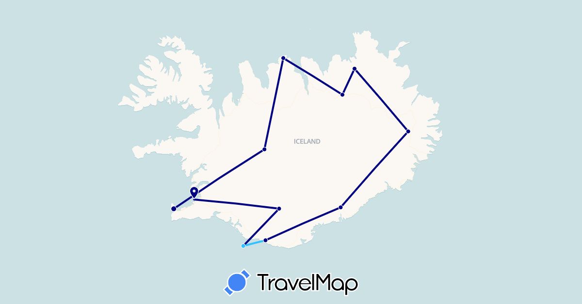 TravelMap itinerary: driving, plane, boat in Iceland (Europe)